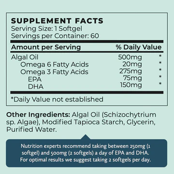 Future Kind+ Vegan Omega 3 Supplement - 500mg DHA + EPA Algal Oil (2 Month Supply) 2 future kind Vegan Omega 3 Supplement - 500mg DHA and EPA Algal Oil - ingredients