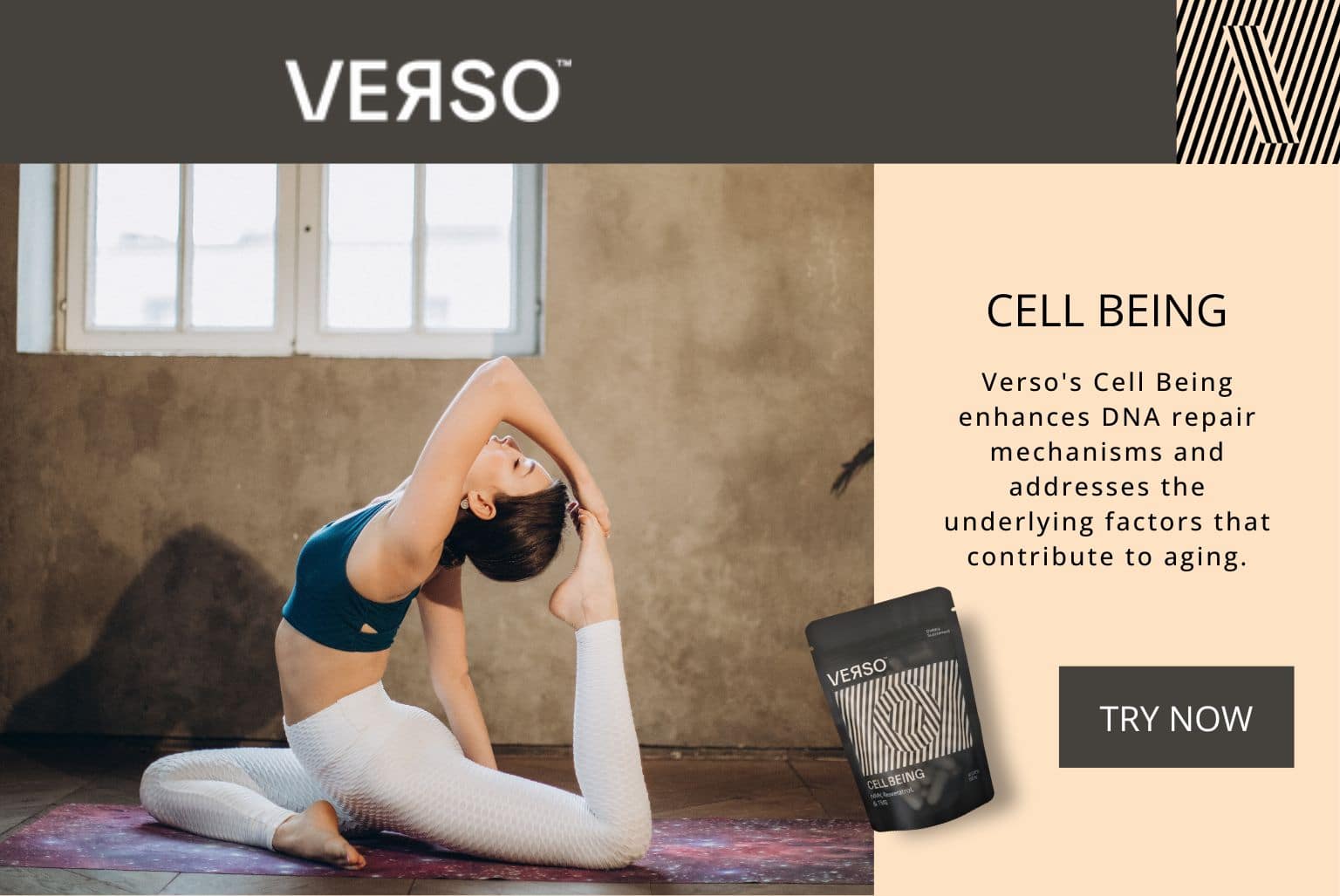 Verso Cell Being enhances DNA repair mechanisms and addresses the underlying factors that contribute to aging.