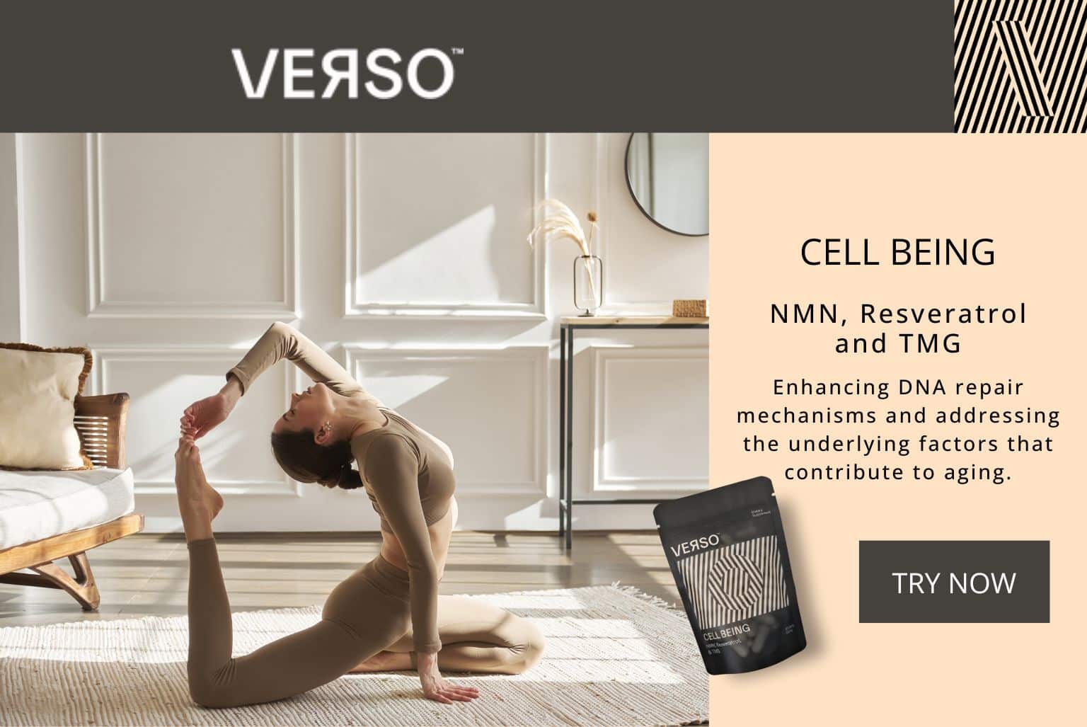 Verso Cell Being enhances DNA repair mechanisms and addresses the underlying factors that contribute to aging.
