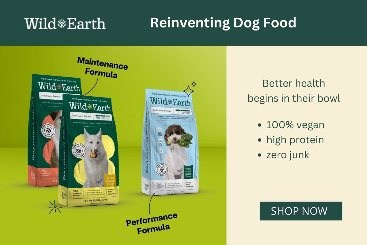 Click here to get Wild Earth plant-based food and supplements for your dog